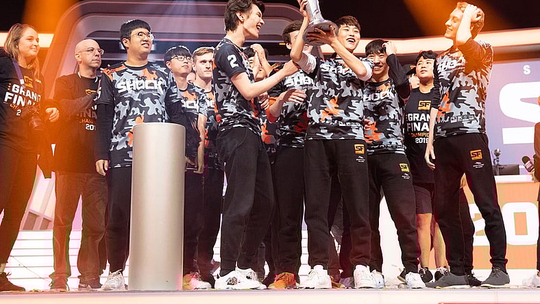 Sep 29, 2019; Philadelphia, PA, USA; The San Francisco Shock celebrate their victory in the 2019 Overwatch League Grand Finals e-sports championship against the Vancouver Titans at Wells Fargo Center. Mandatory Credit: Bill Streicher-USA TODAY Sports