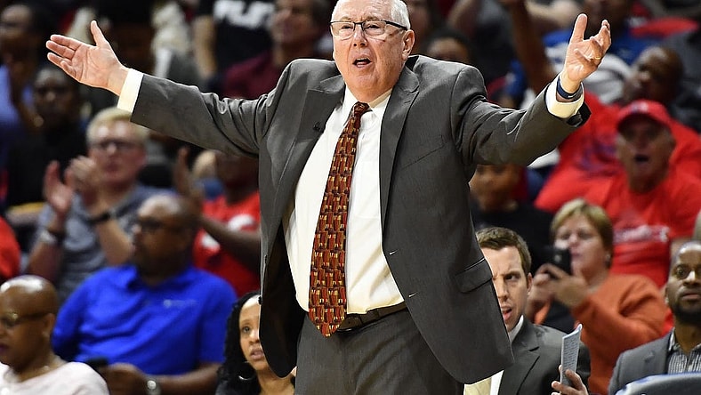 Oct 1, 2019; Washington, DC, USA; Washington Mystics head coach Mike Thibault reacts against the Connecticut Sun during the second quarter in game two of the 2019 WNBA Finals at The Entertainment and Sports Arena. Mandatory Credit: Brad Mills-USA TODAY Sports