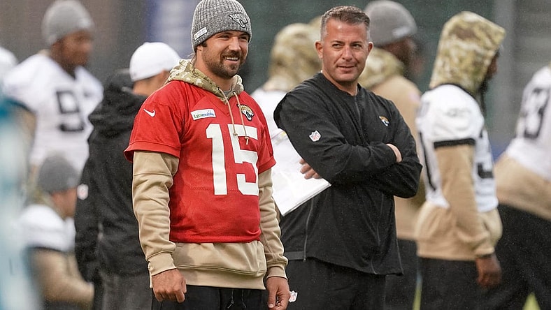Nov 1, 2019; London, United Kingdom; Jacksonville Jaguars quarterback Gardner Minshew (15) and offensive coordinatorr John DeFilippo during practice at Allianz Park. Mandatory Credit: Kirby Lee-USA TODAY Sports