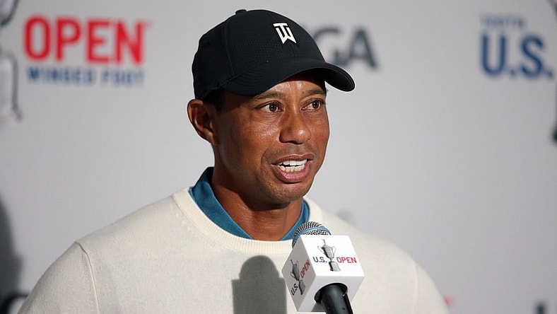 Sep 18, 2020; Mamaroneck, New York, USA; Tiger Woods talks to reporters following his second round of the U.S. Open golf tournament at Winged Foot Golf Club - West. Mandatory Credit: Brad Penner-USA TODAY Sports