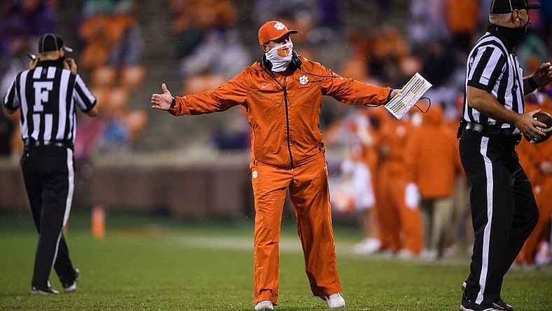 Oct 10, 2020; Clemson, South Carolina, USA; Clemson Tigers head coach Dabo Swinney reacts during the third quarter against the Miami Hurricanes at Memorial Stadium. Mandatory Credit: Ken Ruinard-USA TODAY Sports