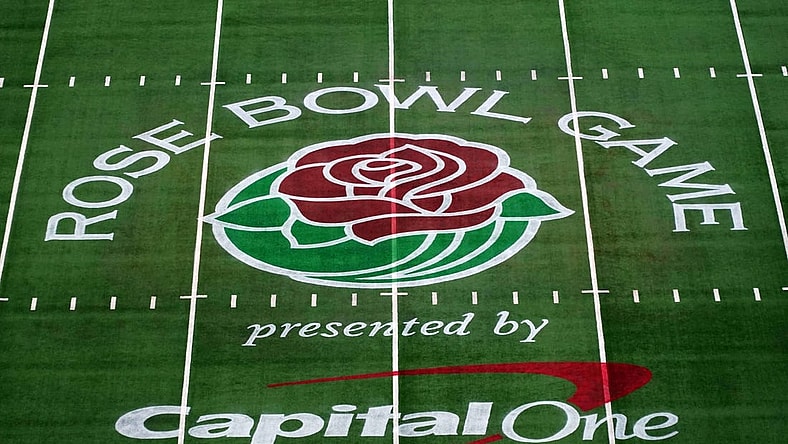 Jan 1, 2021; Arlington, Texas, USA; A general view of the Rose Bowl game logo at midfield during the Rose Bowl between the Alabama Crimson Tide and the Notre Dame Fighting Irish at AT&T Stadium. Mandatory Credit: Kirby Lee-USA TODAY Sports