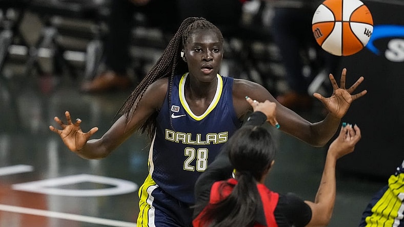 May 27, 2021; College Park, Georgia, USA; Dallas Wings center Awak Kuier (28) defends against the Atlanta Dream during the second half at Gateway Center Arena at College Park. Mandatory Credit: Dale Zanine-USA TODAY Sports