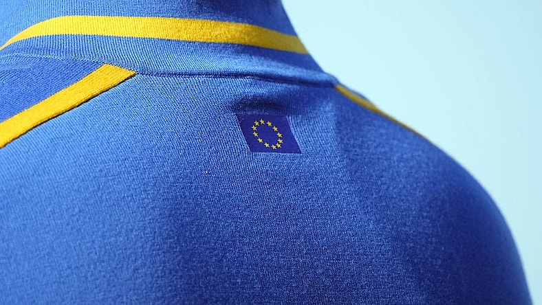 Sep 24, 2021; Haven, Wisconsin, USA; The European flag on Team Europe player Lee Westwood shirt seen on the 15th green during day one four-ball rounds for the 43rd Ryder Cup golf competition at Whistling Straits. Mandatory Credit: Michael Madrid-USA TODAY Sports