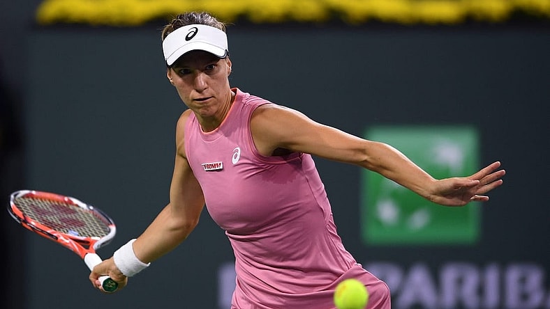 Oct 9, 2021; Indian Wells, CA, USA; Viktorija Golubic (SUI) hits a shot against Maria Sakkari (GRE) at Indian Wells Tennis Garden. Mandatory Credit: Orlando Ramirez-USA TODAY Sports