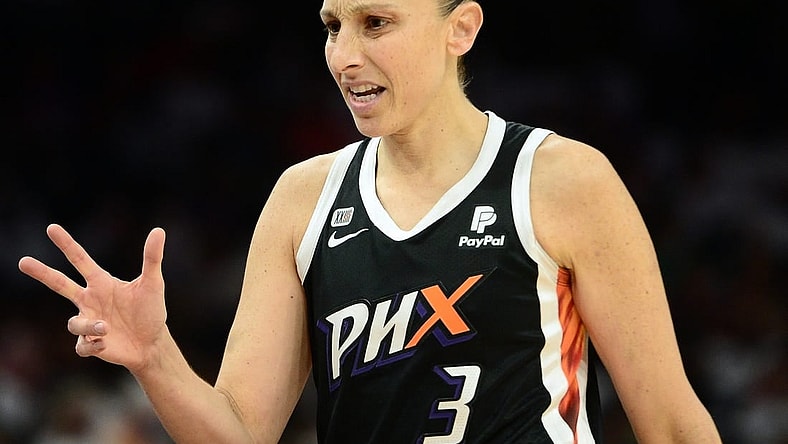Oct 10, 2021; Phoenix, Arizona, USA; Phoenix Mercury guard Diana Taurasi (3) reacts against the Chicago Sky during the first half of game one of the 2021 WNBA Finals at Footprint Center. Mandatory Credit: Joe Camporeale-USA TODAY Sports