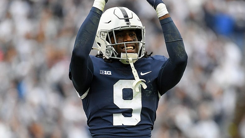 Oct 23, 2021; University Park, Pennsylvania, USA; Penn State Nittany Lions cornerback Joey Porter Jr. (9) gestures to the crowd against the Illinois Fighting Illini during the second half at Beaver Stadium. Mandatory Credit: Rich Barnes-USA TODAY Sports