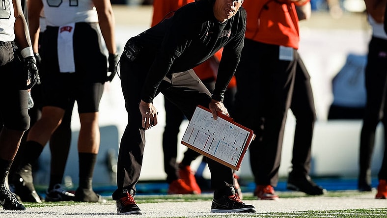 Nov 26, 2021; Colorado Springs, Colorado, USA; UNLV Rebels head coach Marcus Arroyo looks on in the third quarter against the Air Force Falcons at Falcon Stadium. Mandatory Credit: Isaiah J. Downing-USA TODAY Sports