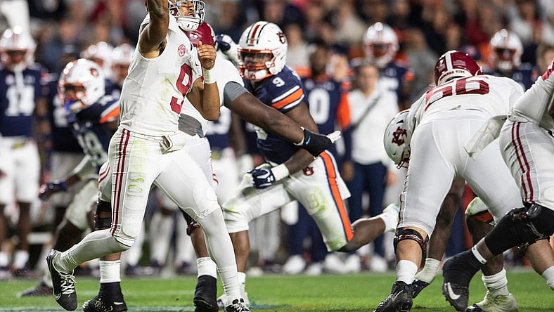 Alabama Crimson Tide quarterback Bryce Young (9) throws the ball during the Iron Bowl at Jordan-Hare Stadium in Auburn, Ala., on Saturday, Nov. 27, 2021. Alabama Crimson Tide defeated Auburn Tigers 24-22 in 4OT.
