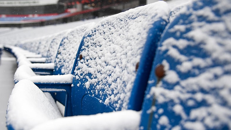 Jan 2, 2022; Orchard Park, New York, USA; General view of snow covered seats at Highmark Stadium prior to the game between the Atlanta Falcons and the Buffalo Bills. Mandatory Credit: Rich Barnes-USA TODAY Sports