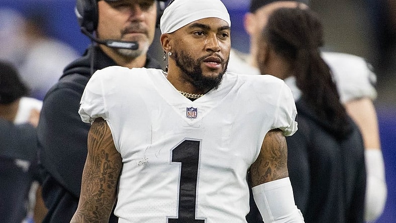 Jan 2, 2022; Indianapolis, Indiana, USA; Las Vegas Raiders wide receiver DeSean Jackson (1) in the second half against the Indianapolis Colts at Lucas Oil Stadium. Mandatory Credit: Trevor Ruszkowski-USA TODAY Sports