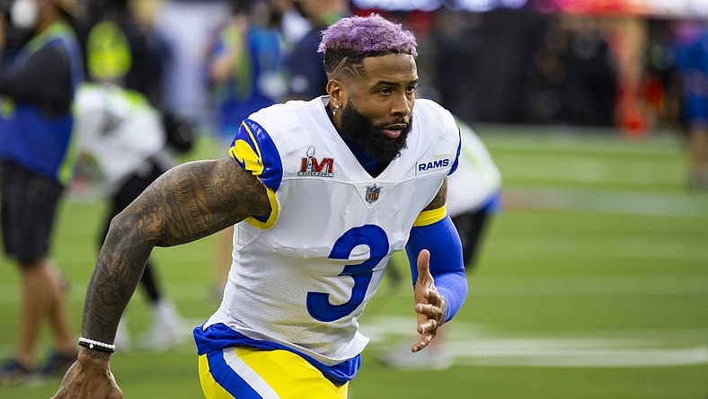Feb 13, 2022; Inglewood, CA, USA; Los Angeles Rams wide receiver Odell Beckham Jr. (3) against the Cincinnati Bengals during Super Bowl LVI at SoFi Stadium. Mandatory Credit: Mark J. Rebilas-USA TODAY Sports