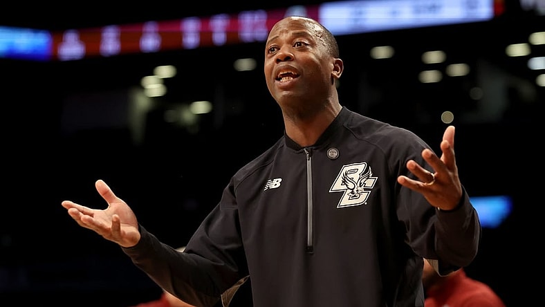 Mar 9, 2022; Brooklyn, NY, USA; Boston College Eagles head coach Earl Grant argues with a referee during the first half against the Wake Forest Demon Deacons at Barclays Center. Mandatory Credit: Brad Penner-USA TODAY Sports