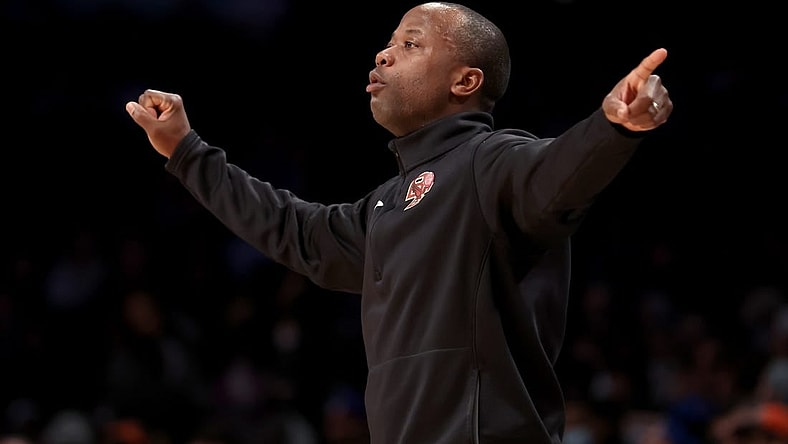 Mar 10, 2022; Brooklyn, NY, USA; Boston College Eagles head coach Earl Grant coaches against the Miami Hurricanes during the first half at Barclays Center. Mandatory Credit: Brad Penner-USA TODAY Sports