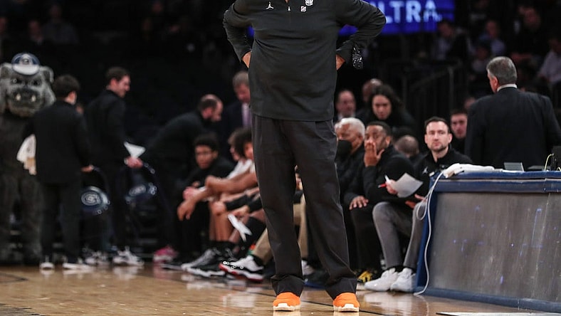 Mar 9, 2022; New York, NY, USA;  Georgetown Hoyas head coach Patrick Ewing at the Big East Tournament at Madison Square Garden. Mandatory Credit: Wendell Cruz-USA TODAY Sports