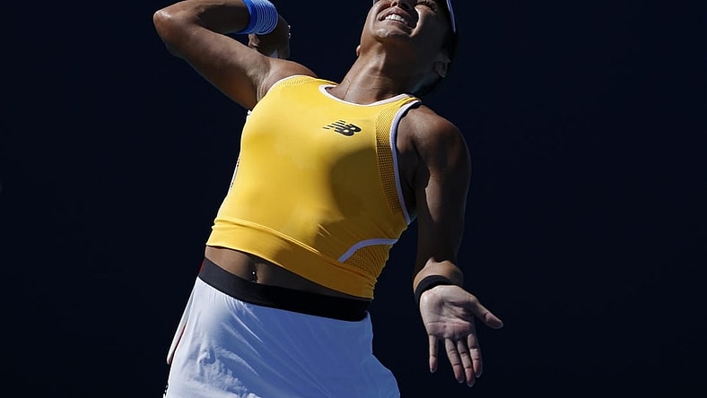 Mar 26, 2022; Miami Gardens, FL, USA; Heather Watson (GBR) serves against Belinda Bencic (SUI) (not pictured) in a women's singles third round match in the Miami Open at Hard Rock Stadium. Mandatory Credit: Geoff Burke-USA TODAY Sports