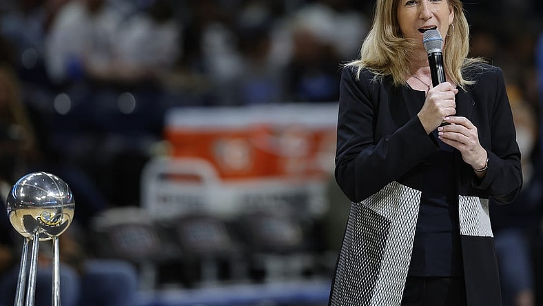 May 24, 2022; Chicago, Illinois, USA; WNBA commissioner Cathy Engelbert addresses fans during a championship ring ceremony for the Chicago Sky before a WNBA basketball game against the Indiana Fever at Wintrust Arena. Mandatory Credit: Kamil Krzaczynski-USA TODAY Sports