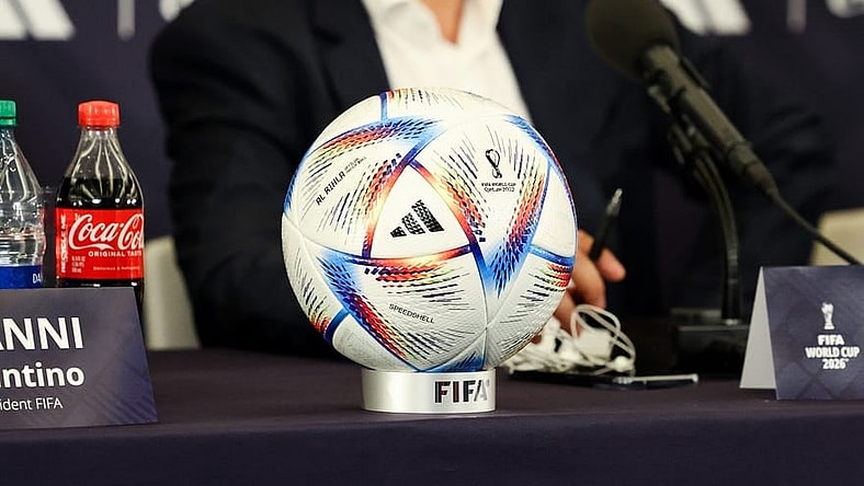 Jun 16, 2022; New York, New York, USA; The FIFA World Cup 2022 Qatar ball sits on a table during The FIFA World Cup 2026 Announcement Press Conference, Mandatory Credit: Jessica Alcheh-USA TODAY Sports