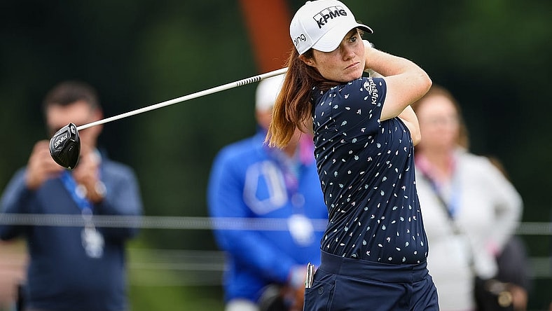 Jun 23, 2022; Bethesda, Maryland, USA; Leona Maguire plays her shot from the 16th tee during the first round of the KPMG Women's PGA Championship golf tournament at Congressional Country Club. Mandatory Credit: Scott Taetsch-USA TODAY Sports
