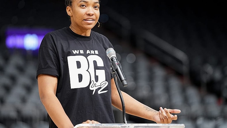 Imani McGee-Stafford speaks to attendees during a rally for Brittney Griner's release at the Footprint Center on July 6, 2022, in Phoenix.

Dsc04097