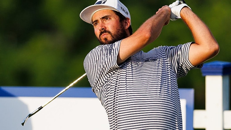 Jul 9, 2022; Nicholasville, Kentucky, USA; Mark Hubbard plays his shot from the second tee during the third round of the Barbasol Championship golf tournament. Mandatory Credit: Jordan Prather-USA TODAY Sports