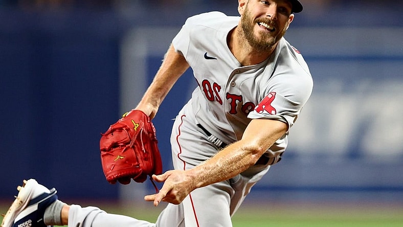Jul 12, 2022; St. Petersburg, Florida, USA; Boston Red Sox starting pitcher Chris Sale (41) throws a pitch against the Tampa Bay Rays in the fifth inning at Tropicana Field. Mandatory Credit: Nathan Ray Seebeck-USA TODAY Sports