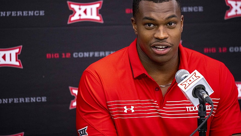 Jul 14, 2022; Arlington, TX, USA; Texas Tech Red Raiders outside linebacker Tyree Wilson is interviewed during the Big 12 Media Day at AT&T Stadium. Mandatory Credit: Jerome Miron-USA TODAY Sports
