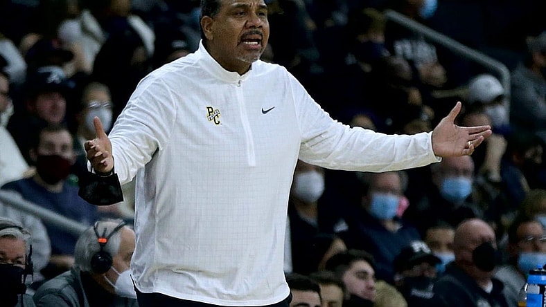 Providence College Friars  coach Ed Cooley questioning a  ref over a call in the first half.  Providence College Friars host the Butler Bulldogs in men's basketball at the Dunkin Donut  Center on Jan 23, 2022.  [The Providence Journal / Kris Craig]   ORG XMIT: 00042492A