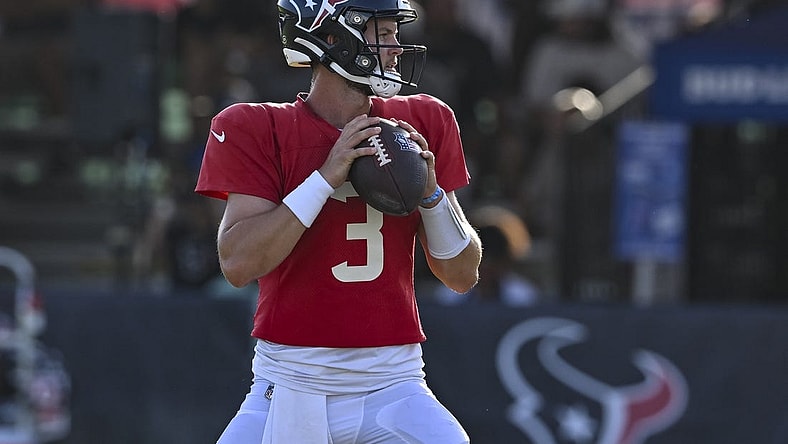 Aug 5, 2022; Houston, Texas, US;  Houston Texans quarterback Kyle Allen (3) throws a pass during training camp at the Texans practice facility.  Mandatory Credit: Maria Lysaker-USA TODAY Sports