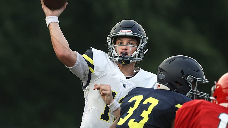 Lausanne quarterback Brock Glenn throws the ball during their scrimmage against Germantown on Friday, July 30, 2021.

A37i1803