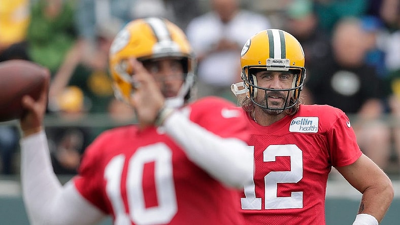 Green Bay Packers quarterback Jordan Love (10) and quarterback Aaron Rodgers (12) participate in training camp on Monday, Aug. 8, 2022, at Ray Nitschke Field in Ashwaubenon, Wis.Wm. Glasheen USA TODAY NETWORK-Wisconsin

Apc Packers Training Camp 10501 080822wag