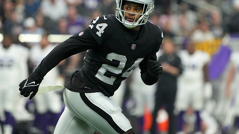 Aug 14, 2022; Paradise, Nevada, USA; Las Vegas Raiders safety Johnathan Abram (24) in the first half against the Minnesota Vikings at Allegiant Stadium. Mandatory Credit: Kirby Lee-USA TODAY Sports