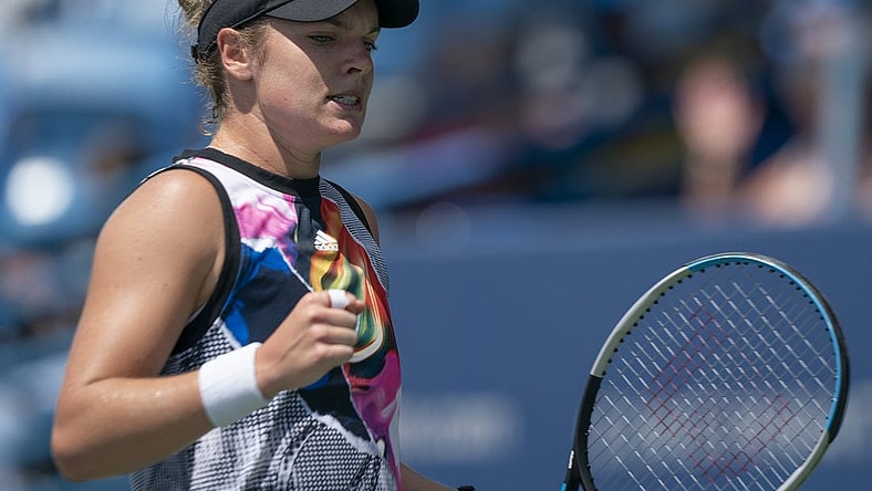 Aug 17, 2022; Cincinnati, OH, USA; Caty McNally (USA) reacts to a point during her match against Ons Jabeur (TUN) at the Western & Southern Open at the at the Lindner Family Tennis Center. Mandatory Credit: Susan Mullane-USA TODAY Sports