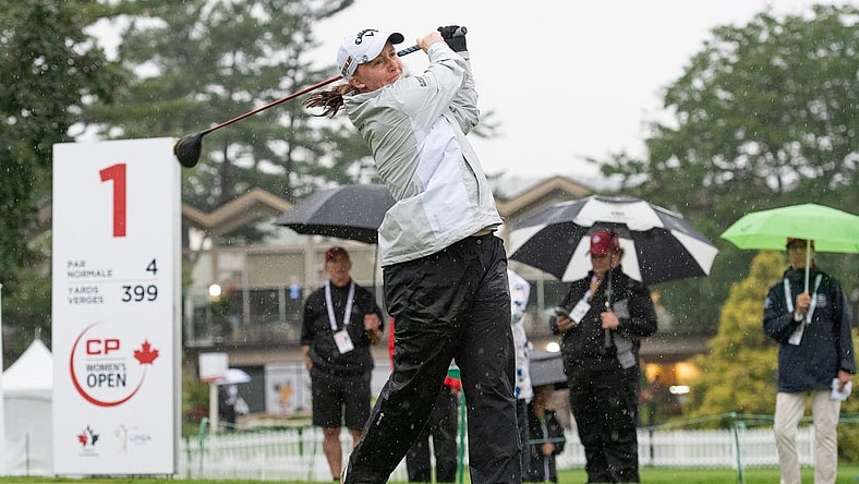 Aug 26, 2022; Ottawa, Ontario, CAN; Gemma Dryburgh from Scotland tees off during the second round of the CP Women's Open golf tournament. Mandatory Credit: Marc DesRosiers-USA TODAY Sports