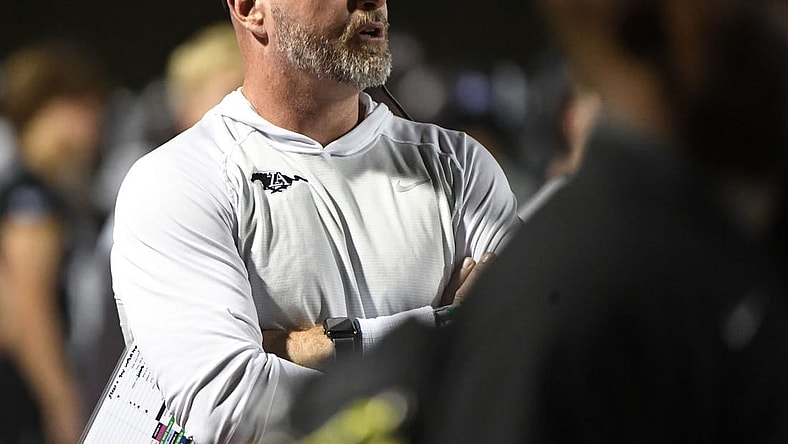 Aug 27, 2022; Alabaster, AL, USA; Lipscomb Academy head coach Trent Dilfer watches as his team plays at Thompson High School in Alabaster, Ala., Saturday, Aug. 27, 2022 Mandatory Credit: Gary Cosby-Tuscaloosa News

Lipscomb Academy Vs Thompson High High School