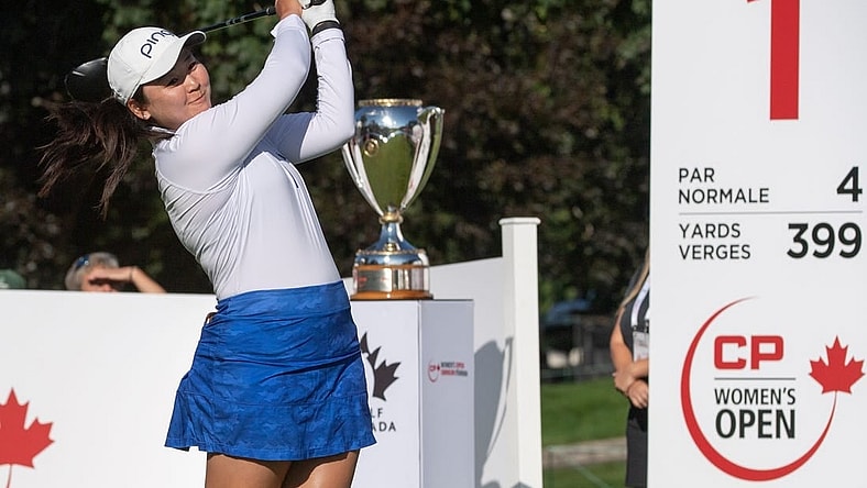 Aug 28, 2022; Ottawa, Ontario, CAN; Allisen Corpuz from the United States tees off the 1st hole during the final round of the CP Women's Open golf tournament. Mandatory Credit: Marc DesRosiers-USA TODAY Sports
