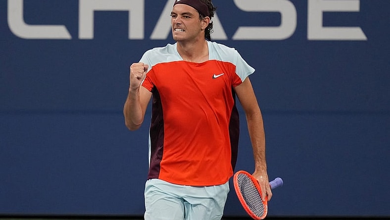 Aug 29, 2022; Flushing, NY, USA;  Taylor Fritz of the United States celebrates after winning a point against Brandon Holt of the United States on day one of the 2022 U.S. Open tennis tournament at USTA Billie Jean King National Tennis Center. Mandatory Credit: Jerry Lai-USA TODAY Sports