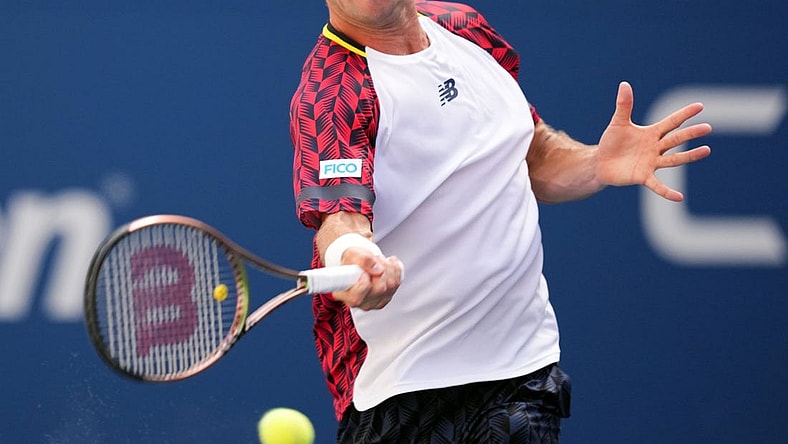 Sep 2, 2022; Flushing, NY, USA; Tommy Paul of the United States hits to Casper Ruud of Norway on day five of the 2022 U.S. Open tennis tournament at USTA Billie Jean King Tennis Center. Mandatory Credit: Danielle Parhizkaran-USA TODAY Sports