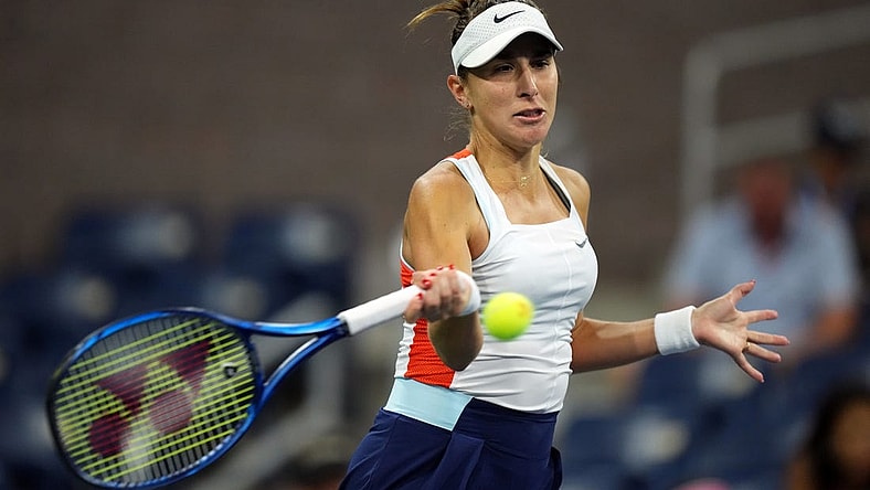 Sep 3, 2022; Flushing, NY, USA; Belinda Bencic of Switzerland hits to Karolina Pliskova of Czech Republic on day six of the 2022 U.S. Open tennis tournament at USTA Billie Jean King Tennis Center. Mandatory Credit: Danielle Parhizkaran-USA TODAY Sports