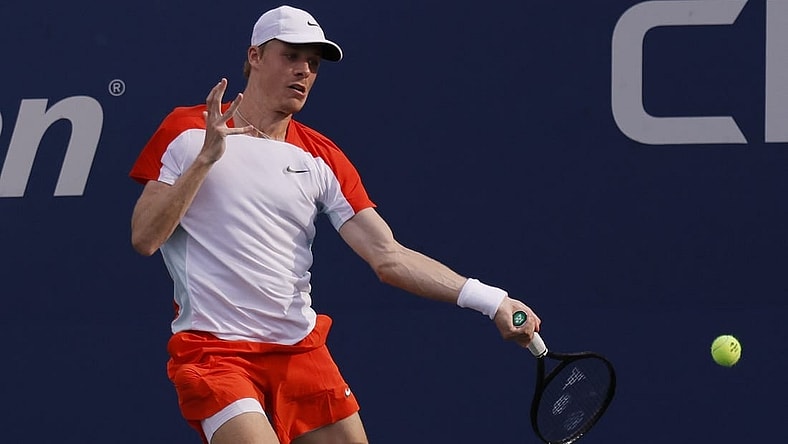 Sep 3, 2022; Flushing, NY, USA; Denis Shapovalov (CAN) hits a forehand against Andrey Rublev (not pictured) on day six of the 2022 U.S. Open tennis tournament at USTA Billie Jean King Tennis Center. Mandatory Credit: Geoff Burke-USA TODAY Sports