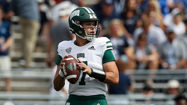 Sep 10, 2022; University Park, Pennsylvania, USA; Ohio Bobcats quarterback Kurtis Rourke (7) drops back in the pocket during the first quarter against the Penn State Nittany Lions at Beaver Stadium. Mandatory Credit: Matthew OHaren-USA TODAY Sports