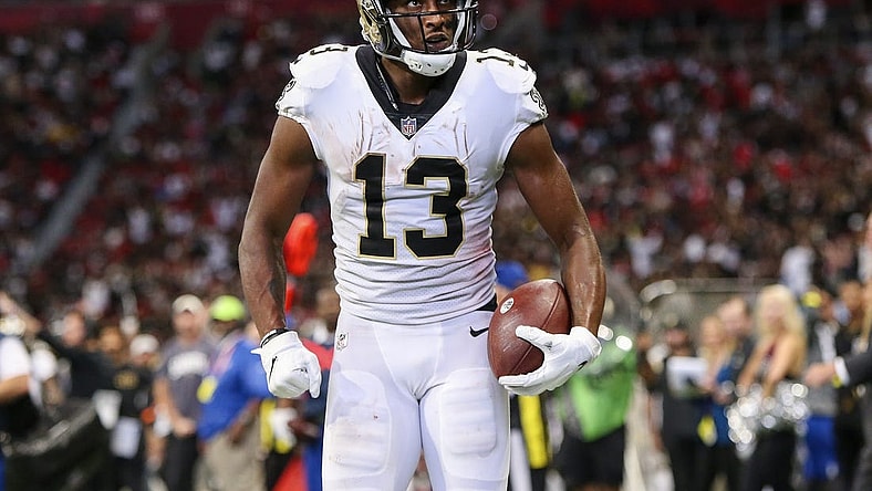 Sep 11, 2022; Atlanta, Georgia, USA; New Orleans Saints wide receiver Michael Thomas (13) celebrates after a touchdown against the Atlanta Falcons in the fourth quarter at Mercedes-Benz Stadium. Mandatory Credit: Brett Davis-USA TODAY Sports