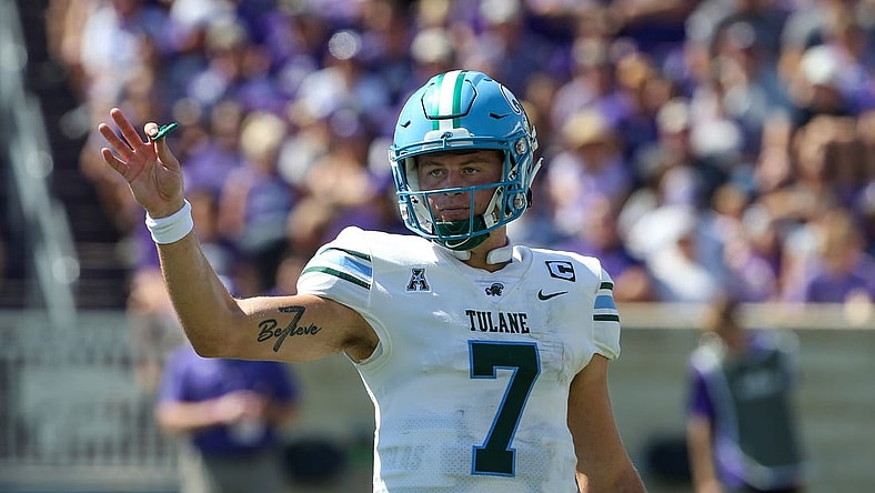 Sep 17, 2022; Manhattan, Kansas, USA; Tulane Green Wave quarterback Michael Pratt (7) waits for a play from the sideline during the second quarter against the Kansas State Wildcats at Bill Snyder Family Football Stadium. Mandatory Credit: Scott Sewell-USA TODAY Sports