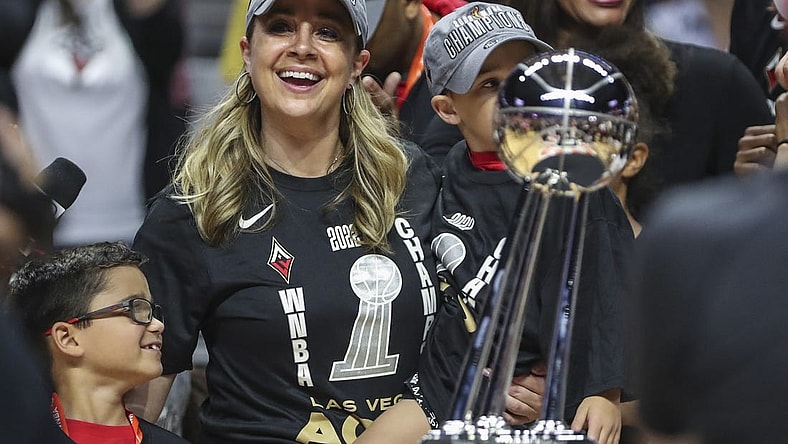 Sep 18, 2022; Uncasville, Connecticut, USA; Las Vegas Aces head coach Becky Hammon celebrates after winning the WNBA Championship in game four of the 2022 WNBA Finals against the Connecticut Sun at Mohegan Sun Arena. Mandatory Credit: Wendell Cruz-USA TODAY Sports