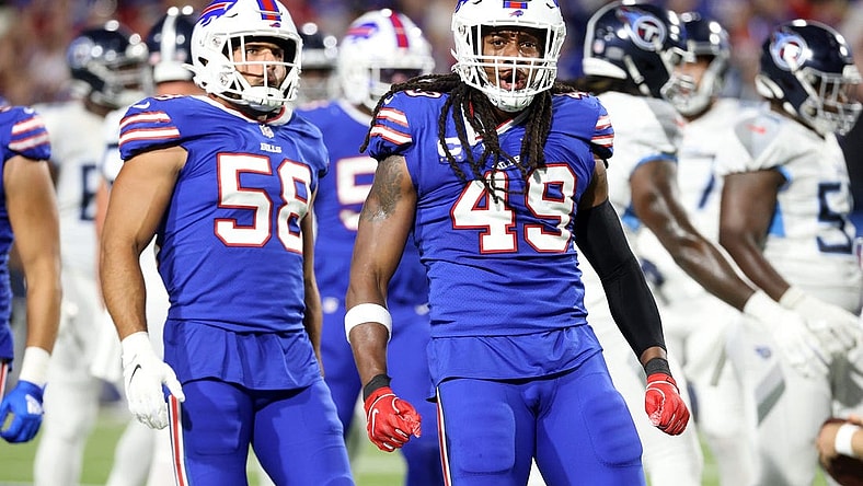 Bills linebacker Tremaine Edmunds celebrates with Matt Milano after a sack.