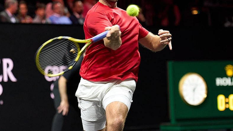 Sep 23, 2022; London, United Kingdom;  Jack Sock (USA) plays a shot against Casper Ruud (NOR) in his Laver Cup tennis match.  Mandatory Credit: Peter van den Berg-USA TODAY Sports