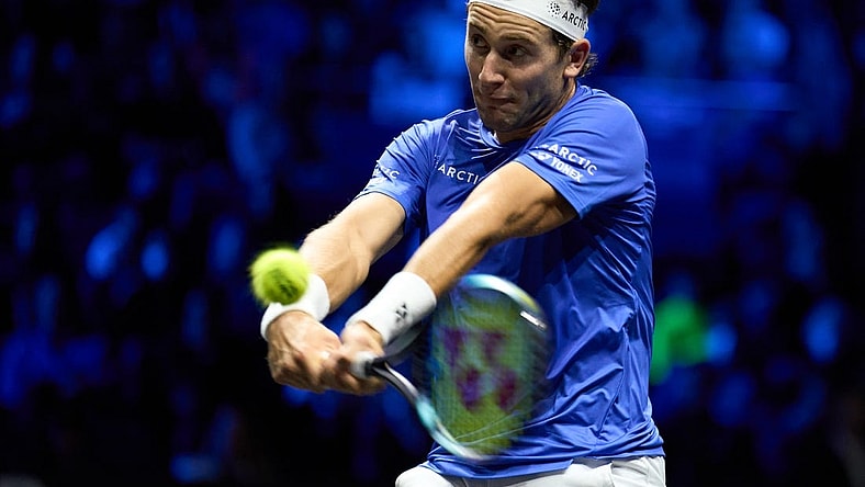 Sep 23, 2022; London, United Kingdom;  Casper Ruud (NOR) plays a shot against Jack Sock (USA) in his Laver Cup tennis match.  Mandatory Credit: Peter van den Berg-USA TODAY Sports