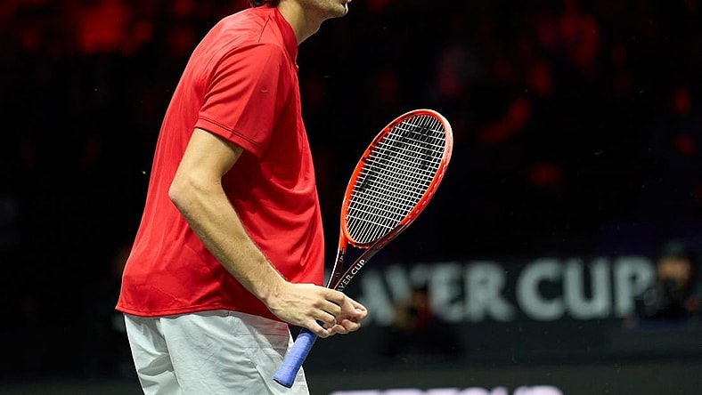 Sep 24, 2022; London, United Kingdom;Taylor Fritz (USA) celebrates winning a point against Cameron Norrie (GBR) in a Laver Cup singles match.  Mandatory Credit: Peter van den Berg-USA TODAY Sports