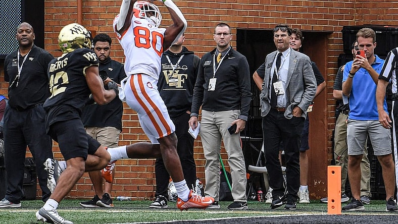 Clemson wide receiver Beaux Collins (80) catches a pass for a touchdown during the first of two overtimes at Truist Field in Winston-Salem, North Carolina Saturday, September 24, 2022.

Ncaa Football Clemson At Wake Forest