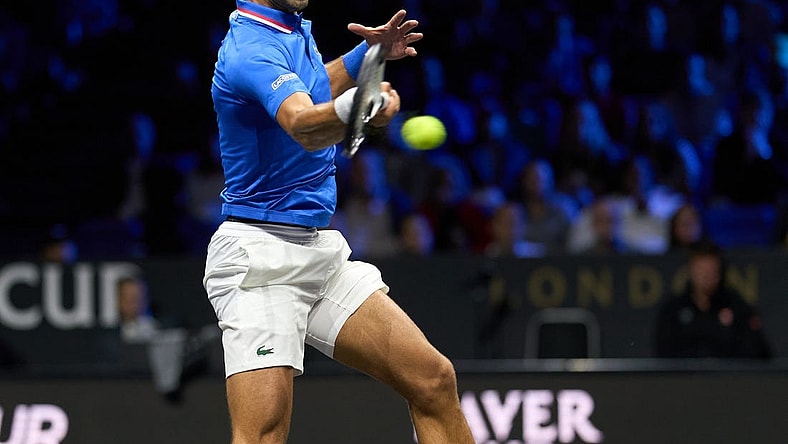 Sep 25, 2022; London, United Kingdom; Novak Djokovic (SRB) plays a shot against Felix Auger-Aliassime (CAN) in Lavers Cup singles. Mandatory Credit: Peter van den Berg-USA TODAY Sports
